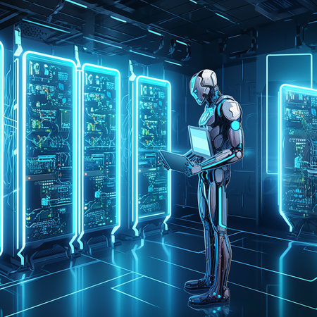 Cyborg working with laptop in futuristic server room. 3D renderingの素材