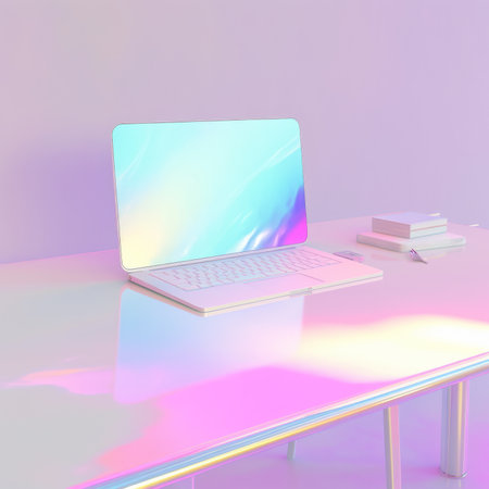 Laptop and books on the table. 3d render. Pink background.の素材