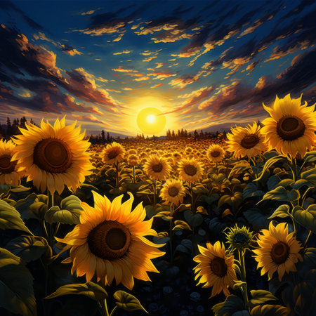 Sunflower field at sunset, 3d render. Beautiful natural backgroundの素材