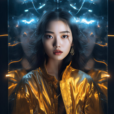 Fashion shot of a beautiful asian woman in golden dress over dark background.の素材
