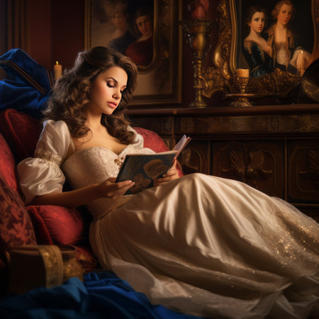 Beautiful young woman in medieval era dress reading book in armchairの素材