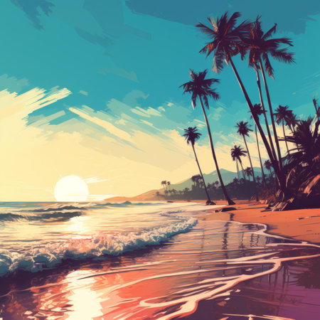 Tropical beach with palm trees at sunset. Vector illustration.の素材