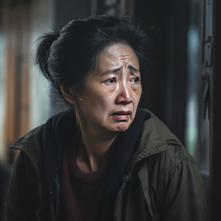 Portrait of a middle-aged Asian woman with a sad expressionの素材