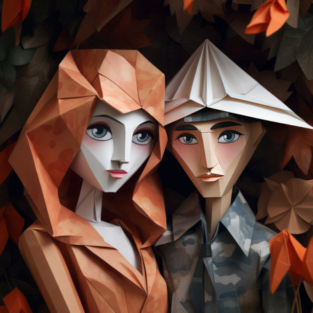 Two women in origami style on autumn leaves background. 3d illustration.の素材