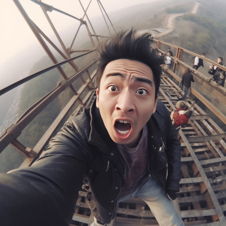 Surprised asian young man taking selfie on the top of the mountainの素材