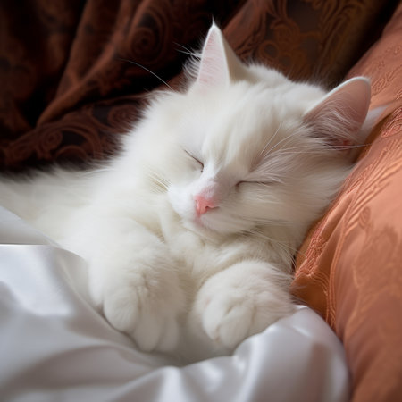 Beautiful white cat sleeping on the sofa. Close-up.の素材