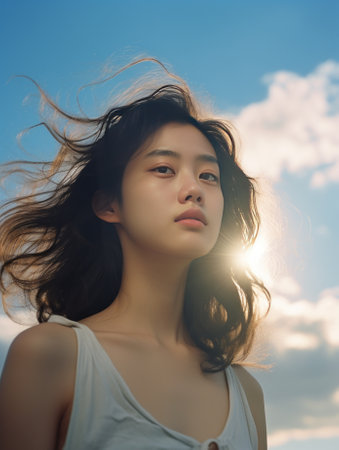 young pretty asian woman with windy hair on blue sky backgroundの素材