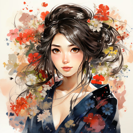 Beautiful asian woman with flowers in her hair. Fashion illustration.の素材