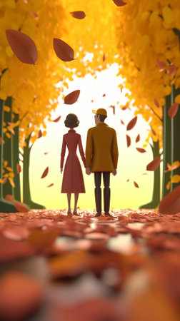 couple walking in the autumn park. 3d render illustration.の素材