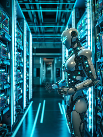 Cyborg woman in futuristic server room. This is a 3d render illustrationの素材