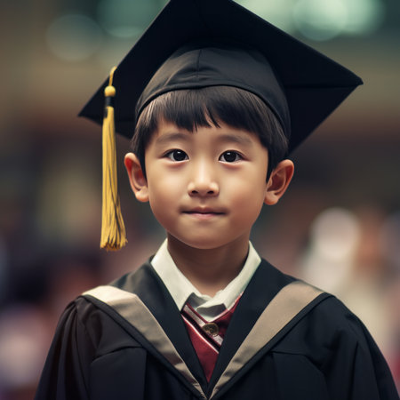 Portrait of a young asian boy in graduation gown and capの素材