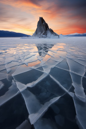 Sunset on Lake Baikal in winter, Siberia, Russiaの素材