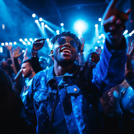 Young african-american man dancing at concert in nightclub.の素材