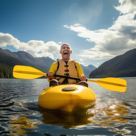 Happy senior man kayaking on a calm lake with mountains in the backgroundの素材