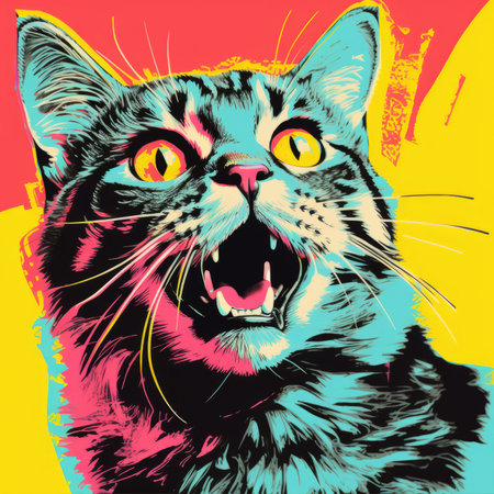 Vector illustration of a cat in pop art style. Colorful background.の素材