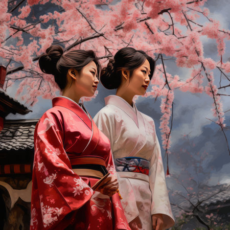 Japanese girls in traditional clothes with cherry blossom in the background.の素材