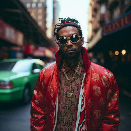 Handsome african american man in a red jacket and sunglasses on the streetの素材