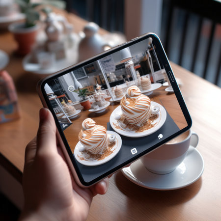 female hand taking photo of coffee cup with marshmallow on a smartphoneの素材