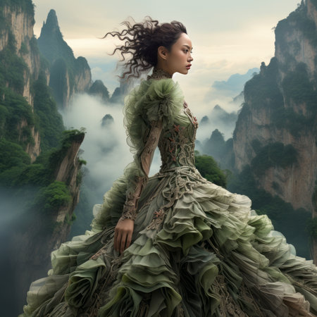 Beautiful woman in green dress in the mountains. 3d renderingの素材