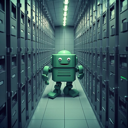 3d rendering of a green robot in a server room with serversの素材