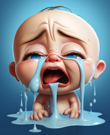 Crying baby with tears flowing down his face. 3d renderingの素材