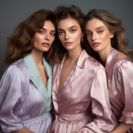Three beautiful women in elegant evening dresses posing in studio. Beauty, fashion.の素材