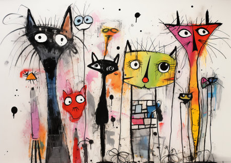Hand drawn illustration of a group of funny cats with different emotions.の素材