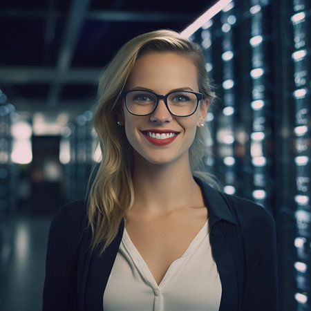 Portrait of a young businesswoman wearing glasses in a server roomの素材