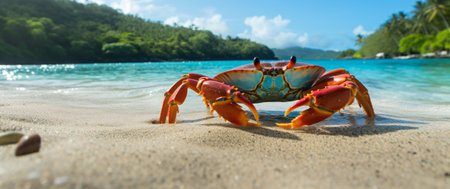 Red crab on a tropical beach in Seychelles, Maheの素材