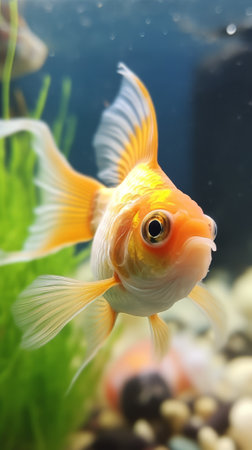 Goldfish swimming in an aquarium, close-up view of the headの素材