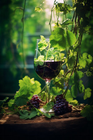 Wineglass with red wine and fresh grapes in vineyard.の素材