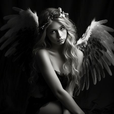 Beautiful girl with angel wings. Black and white photo. Fantasy.の素材