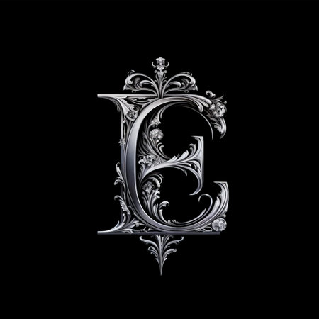 Silver decorative letter E in the style of Baroque on a black background.の素材