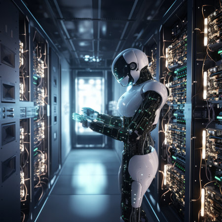 3d rendering humanoid robot working in data center server room with network cablesの素材