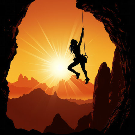 Silhouette of a climber at sunset. Vector illustration.の素材