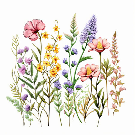 Watercolor floral background with wildflowers. Hand drawn vector illustration.の素材