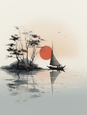 Sailing boat on the lake with trees in the background, digital paintingの素材