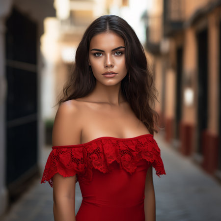 Portrait of a beautiful young brunette woman in red dress.の素材