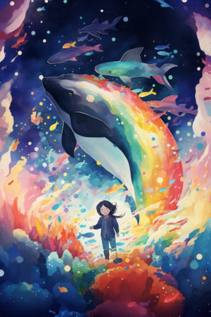 Little boy with a whale in the ocean. Watercolor illustration.の素材