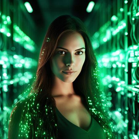 Portrait of a beautiful young woman in a dark room with green lights.の素材