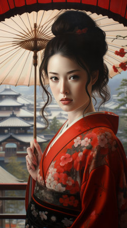 Portrait of a beautiful asian woman in kimono with umbrellaの素材
