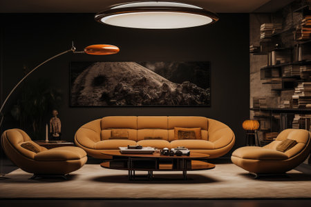 Interior of modern living room with black walls, concrete floor, brown sofa and coffee table. 3d renderingの素材