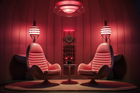 Vintage barber shop interior with red armchairs. 3d renderingの素材