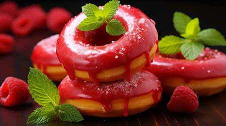 Delicious donuts with raspberries and mint on a dark backgroundの素材