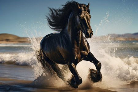 Beautiful black horse galloping on the beach in water splashesの素材