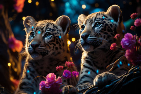 Two leopard cubs in the dark, with flowers and garlandsの素材