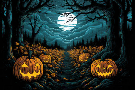 Halloween background with pumpkins in the forest, vector illustration.の素材