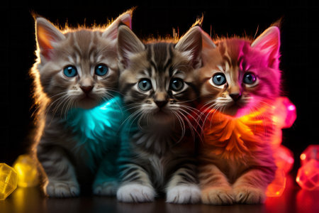 Group of three cute little kittens in colorful bright lights on black backgroundの素材