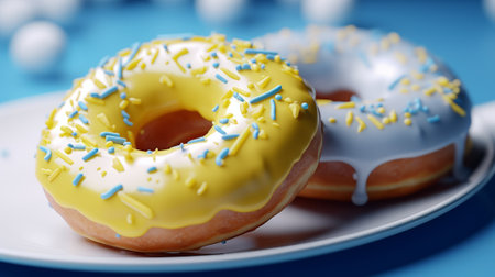 Glazed donuts with sprinkles on blue background, closeupの素材