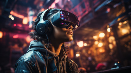 Portrait of young african american woman wearing virtual reality headset while standing in night city.の素材